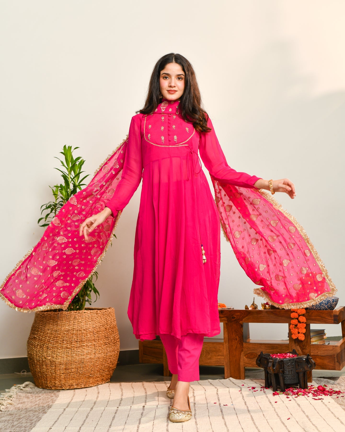 Pink Viscose Embroidered Suit Set