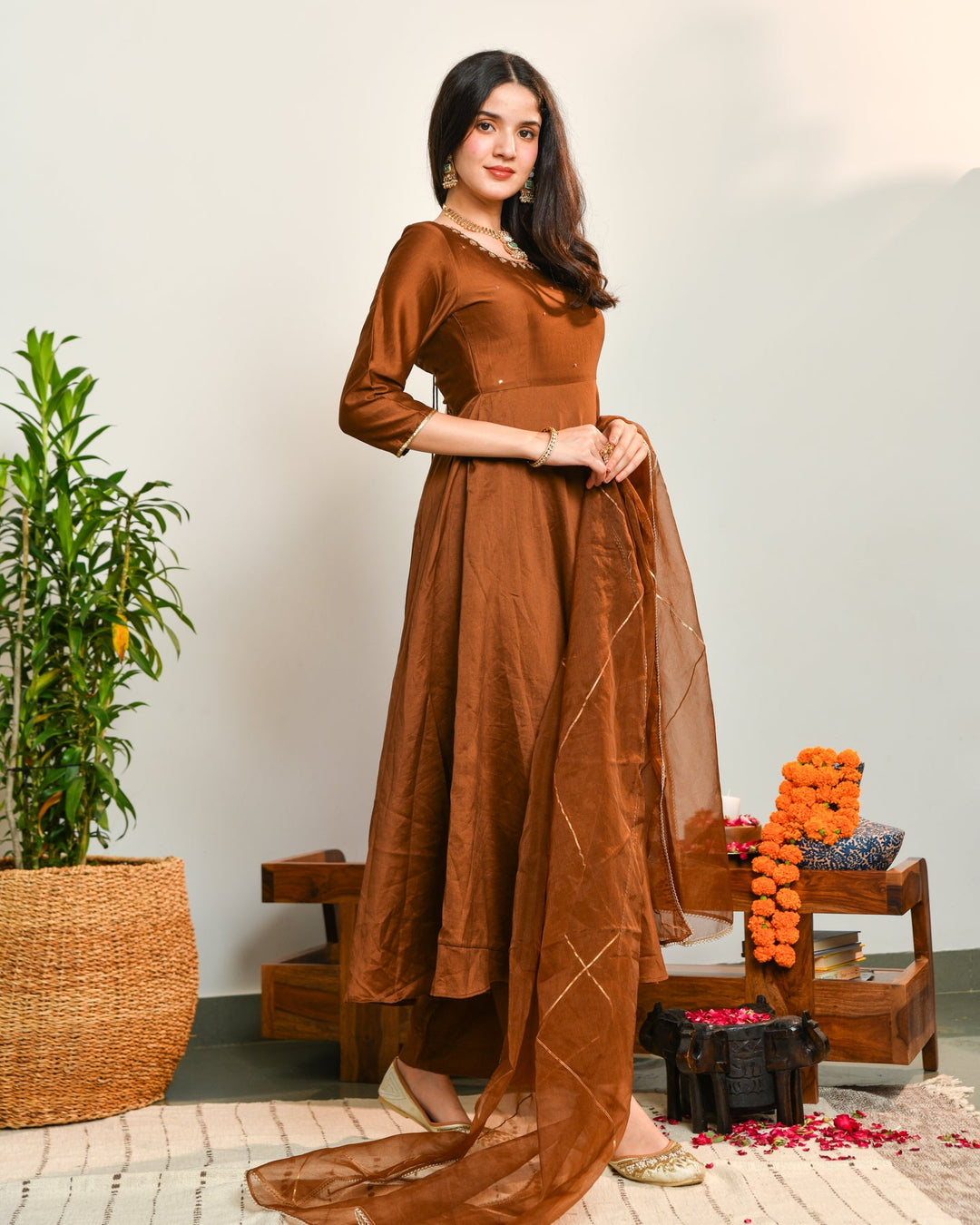 Brown Anarkali Suit Set