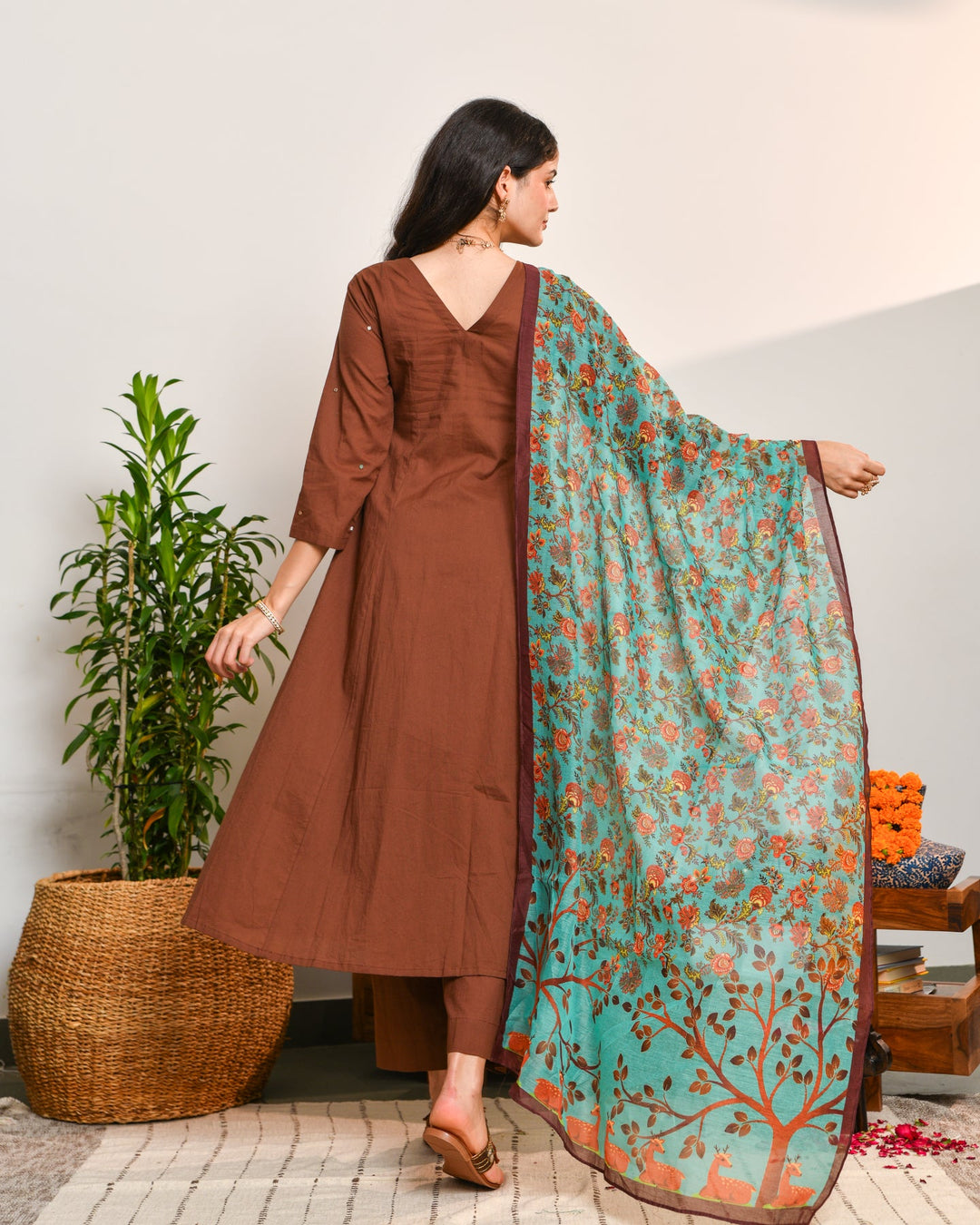 Brown a line cotton suit set