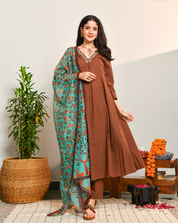 Brown a line cotton suit set