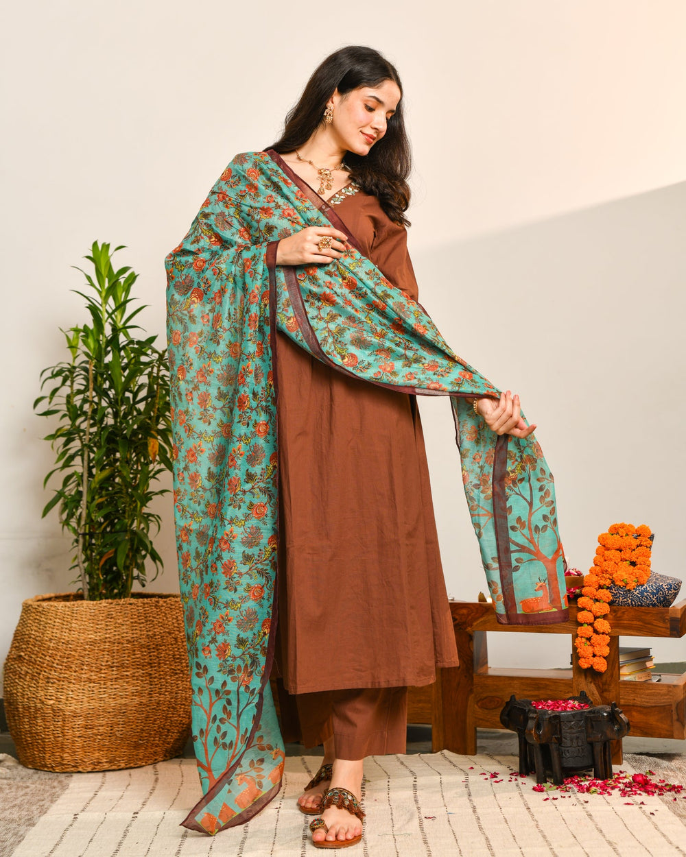 Brown a line cotton suit set