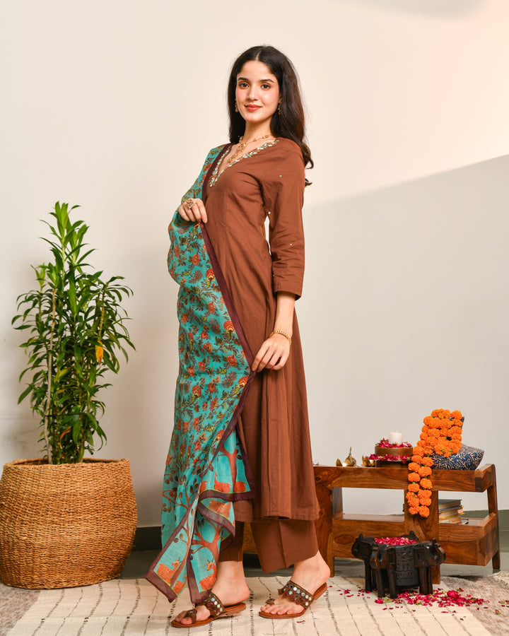 Brown a line cotton suit set