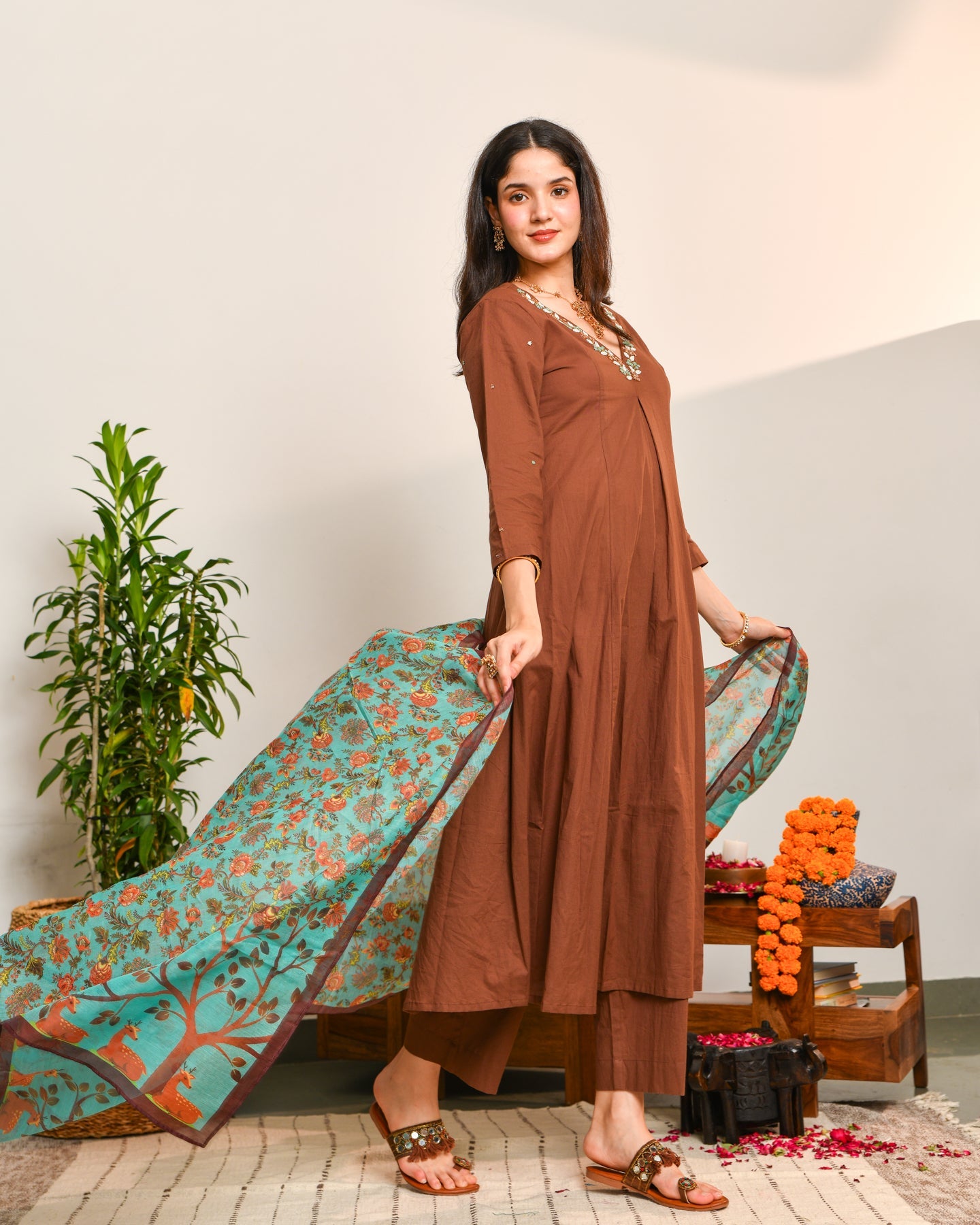 Brown a line cotton suit set