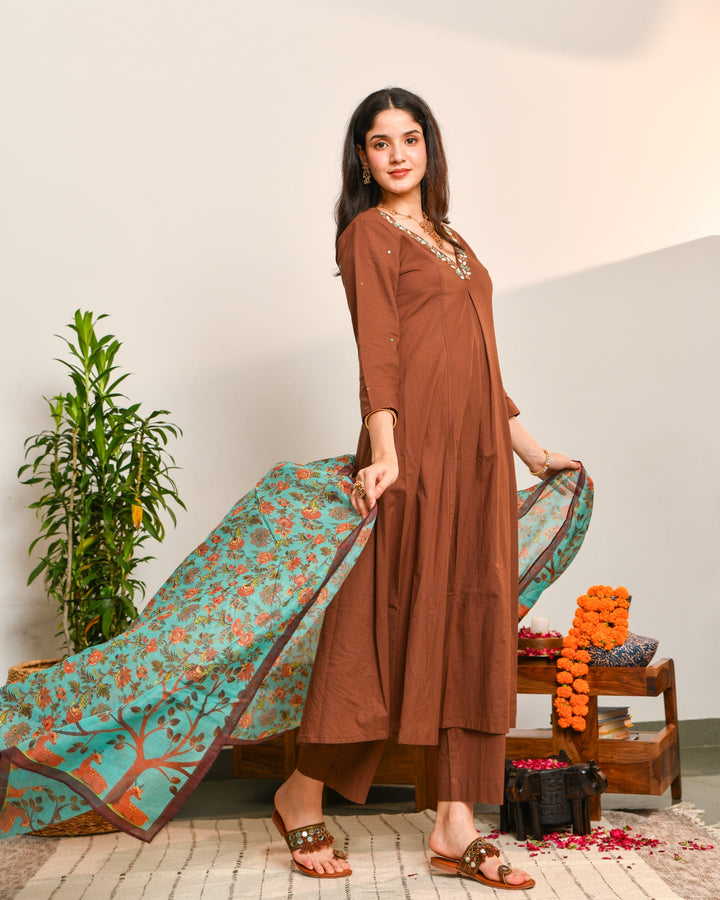 Brown a line cotton suit set