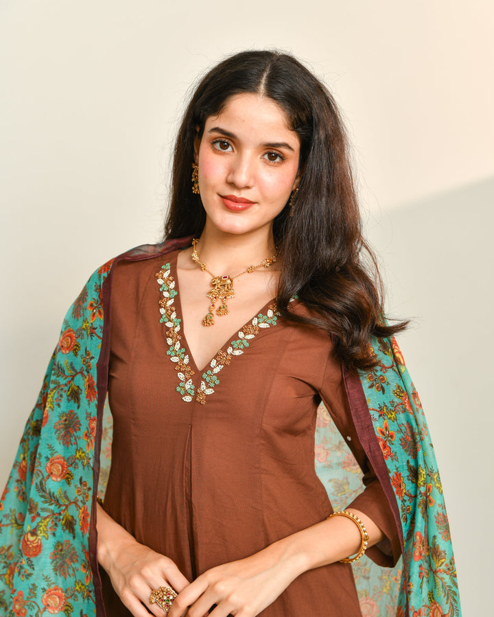 Brown a line cotton suit set