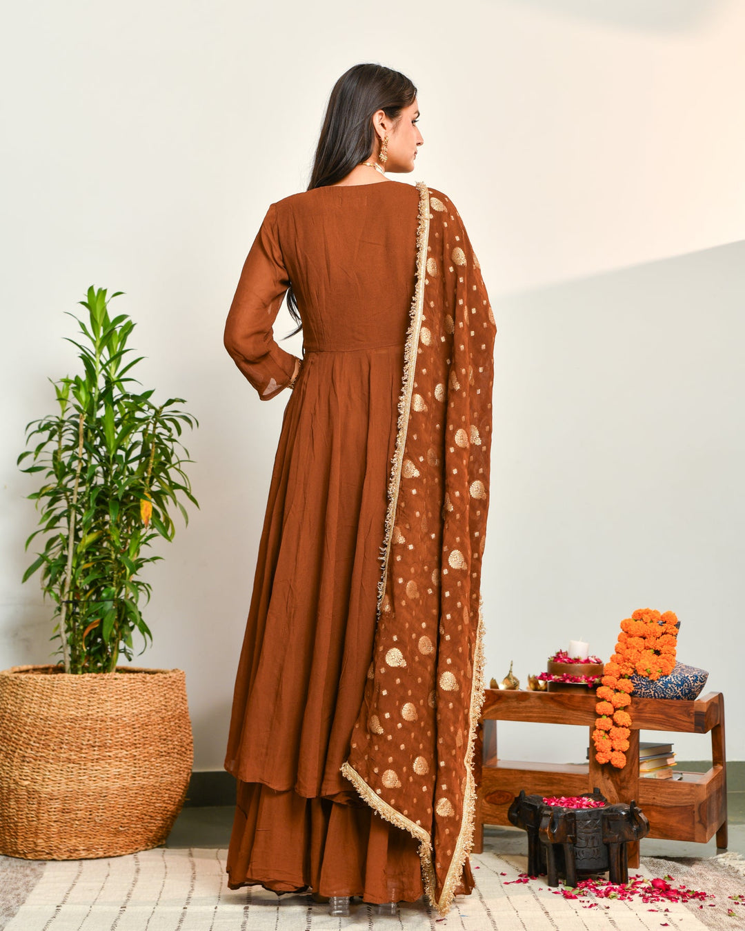 Brown Viscose Embroidered Suit Set