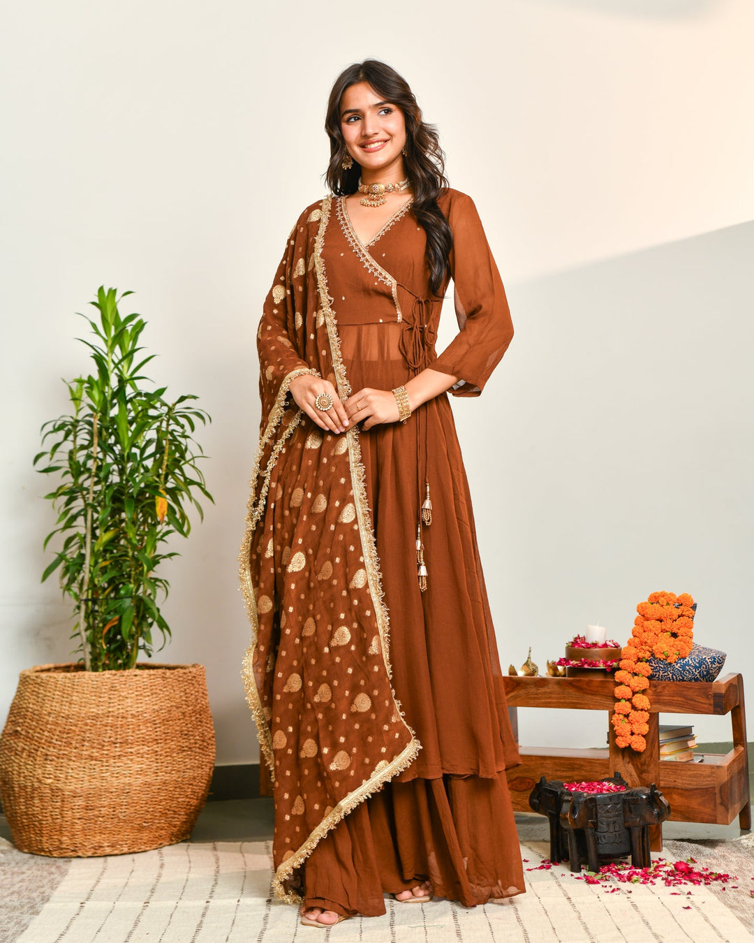 Brown Viscose Embroidered Suit Set