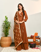 Brown Viscose Embroidered Suit Set