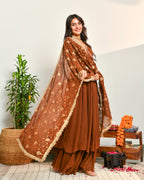 Brown Viscose Embroidered Suit Set