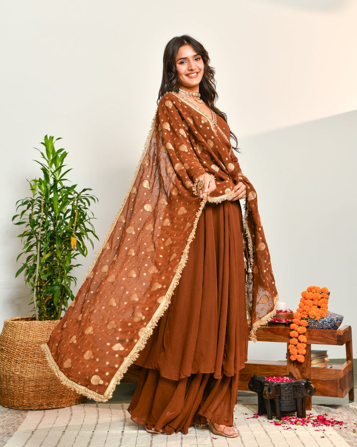 Brown Viscose Embroidered Suit Set