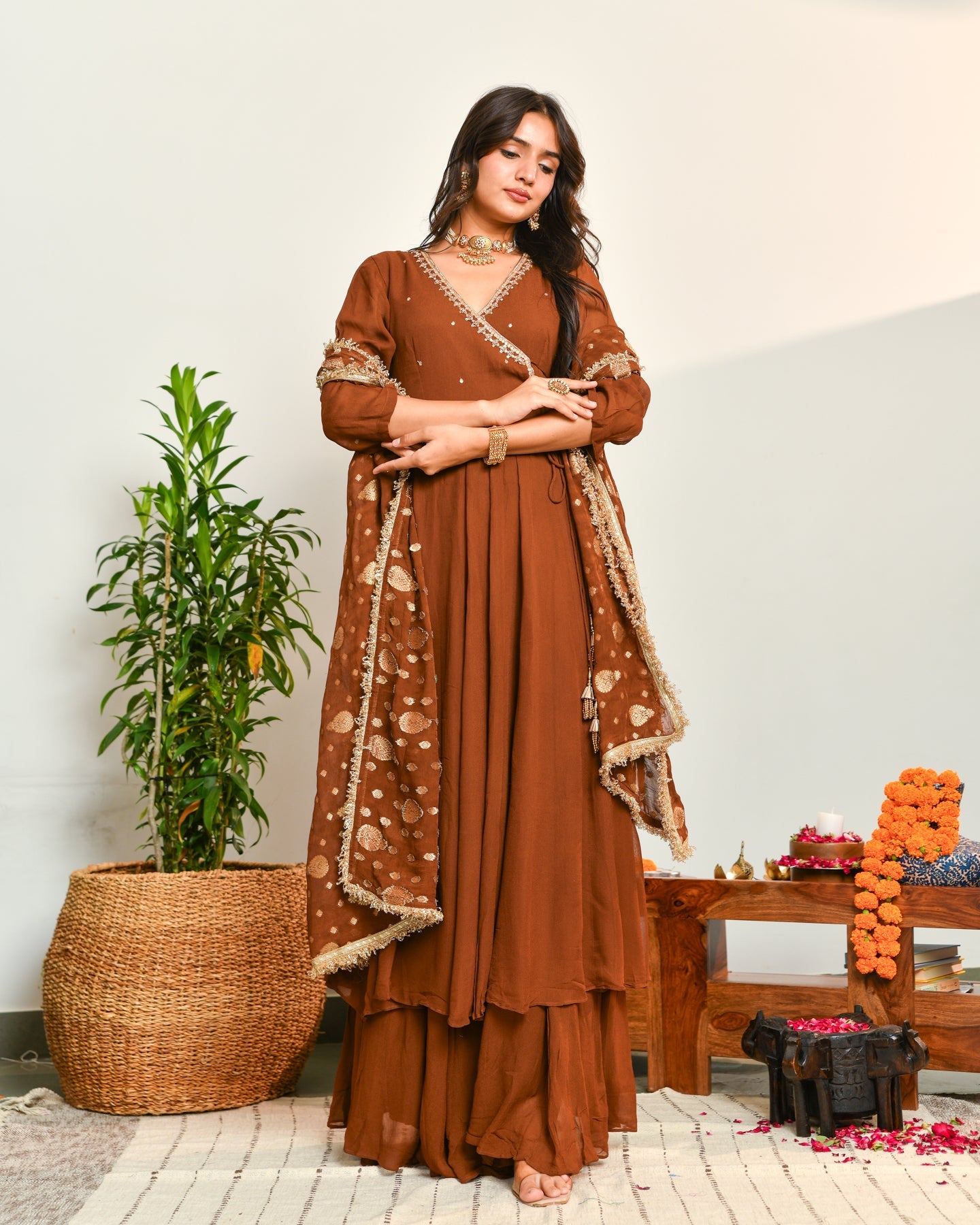 Ambraee Brown Viscose Embroidered Anarkali Suit Set for Women | 3-Piece Flared Kurta Dupatta