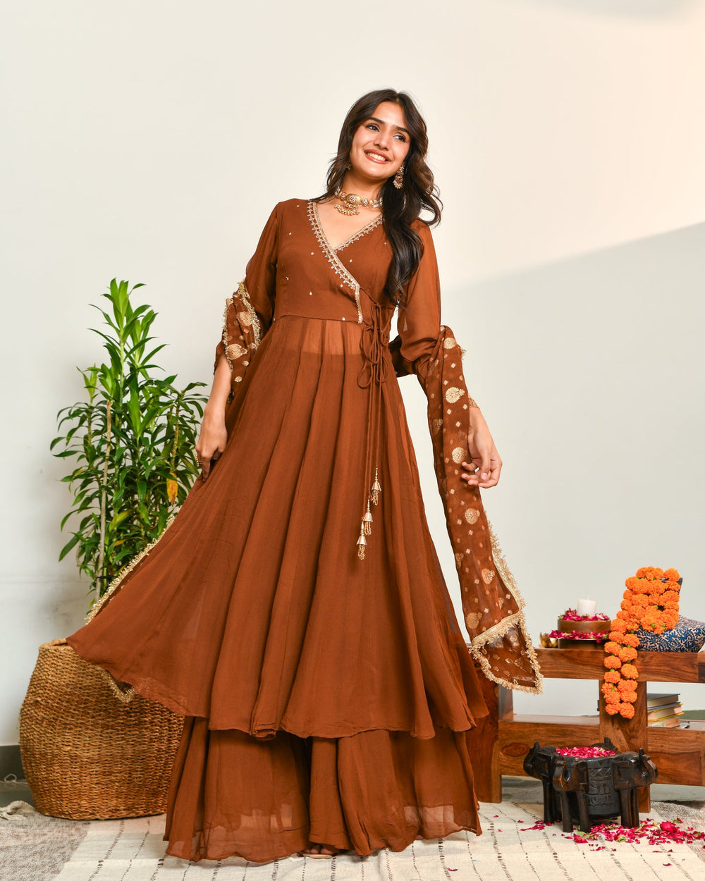 Brown Viscose Embroidered Suit Set