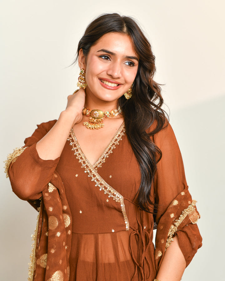 Brown Viscose Embroidered Suit Set