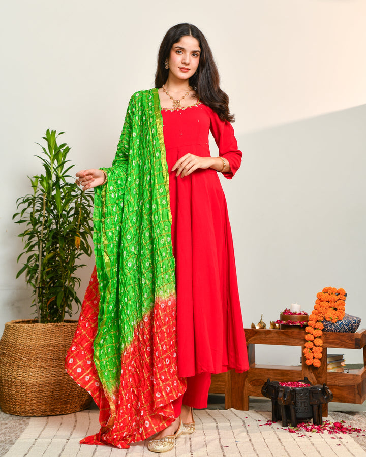 Rayon Red Anarkali Suit Set