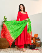 Rayon Red Anarkali Suit Set