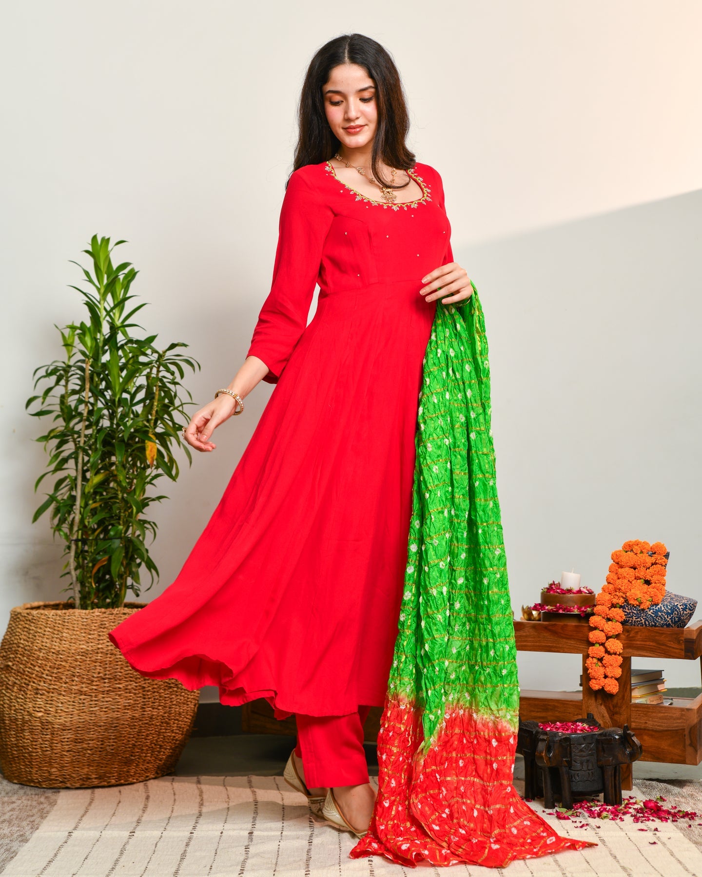 Rayon Red Anarkali Suit Set