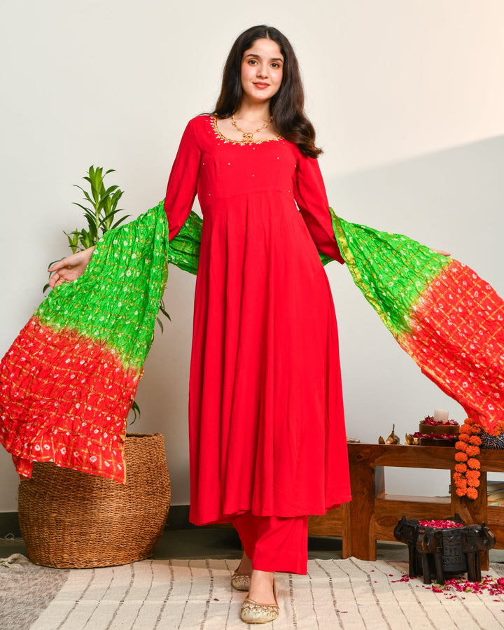 Rayon Red Anarkali Suit Set