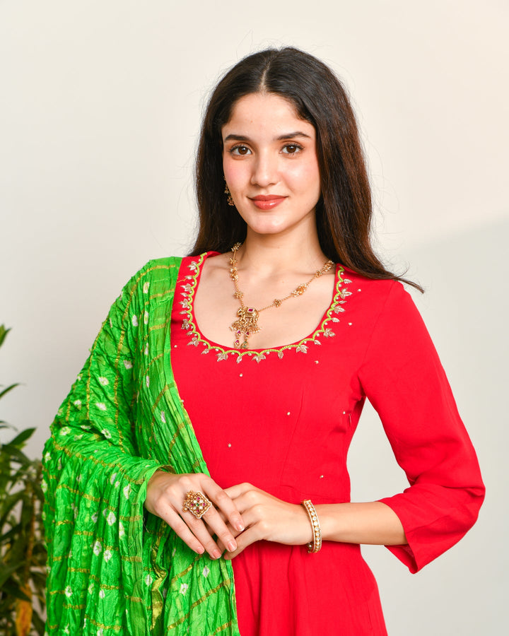  Rayon Red Anarkali Suit Set 