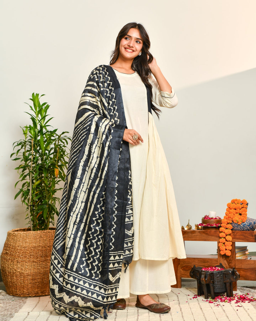Ivory Black Ikat Dupatta Suit