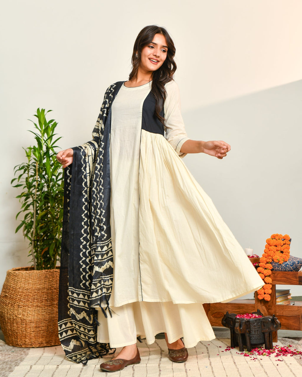 Ivory Black Ikat Dupatta Suit