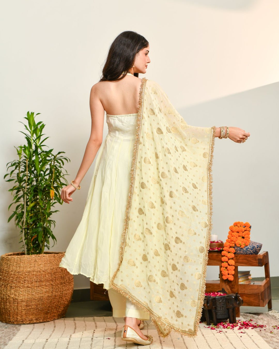 Off White Viscose Anarkali Suit Set