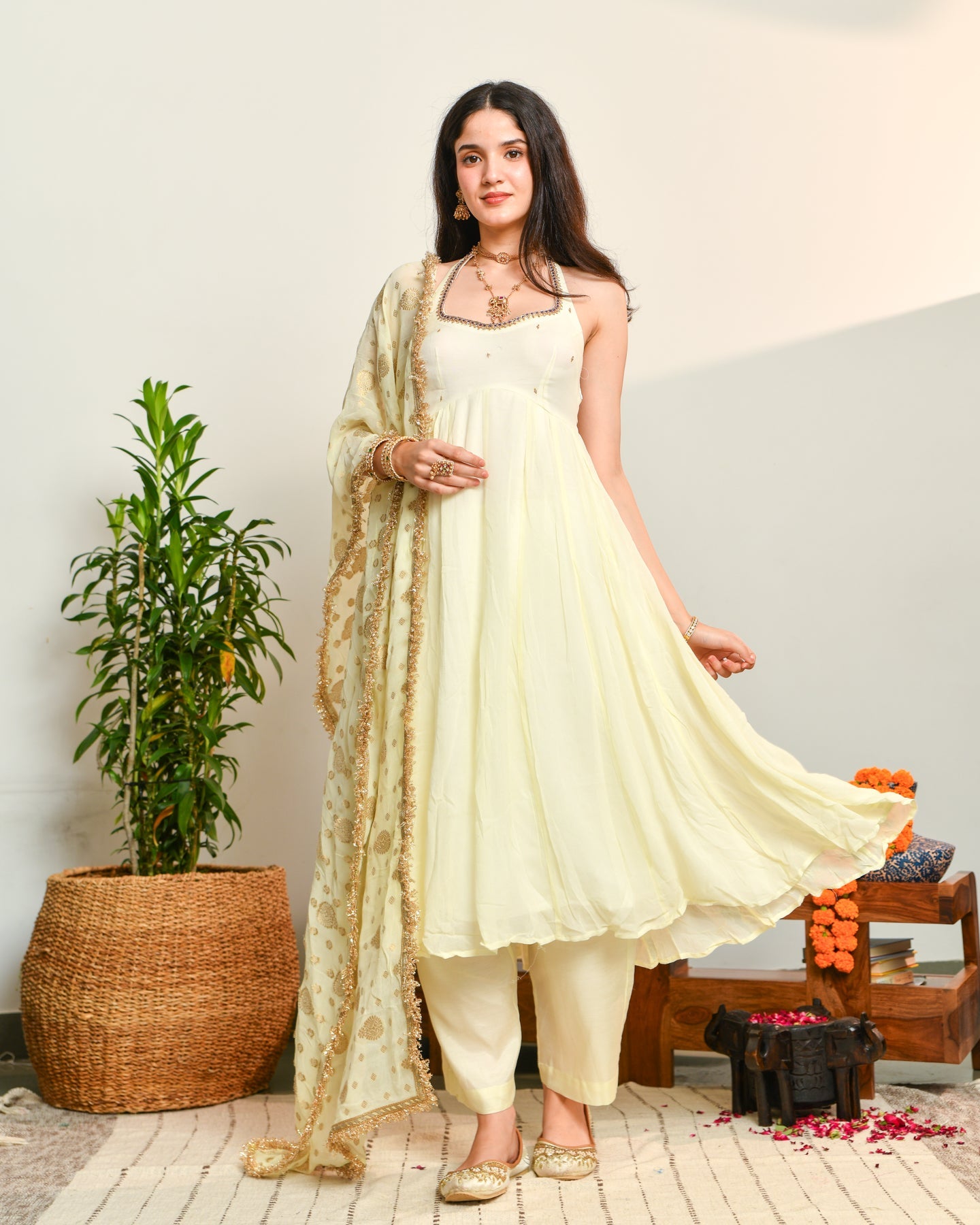 Off White Viscose Anarkali Suit Set