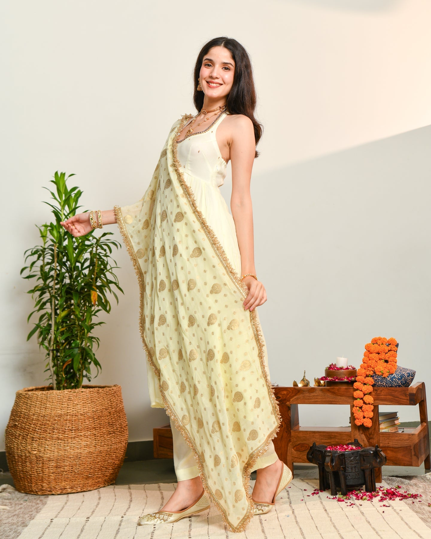 Off White Viscose Anarkali Suit Set