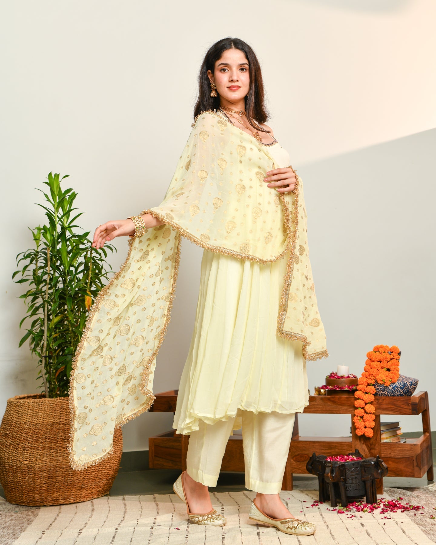Off White Viscose Anarkali Suit Set
