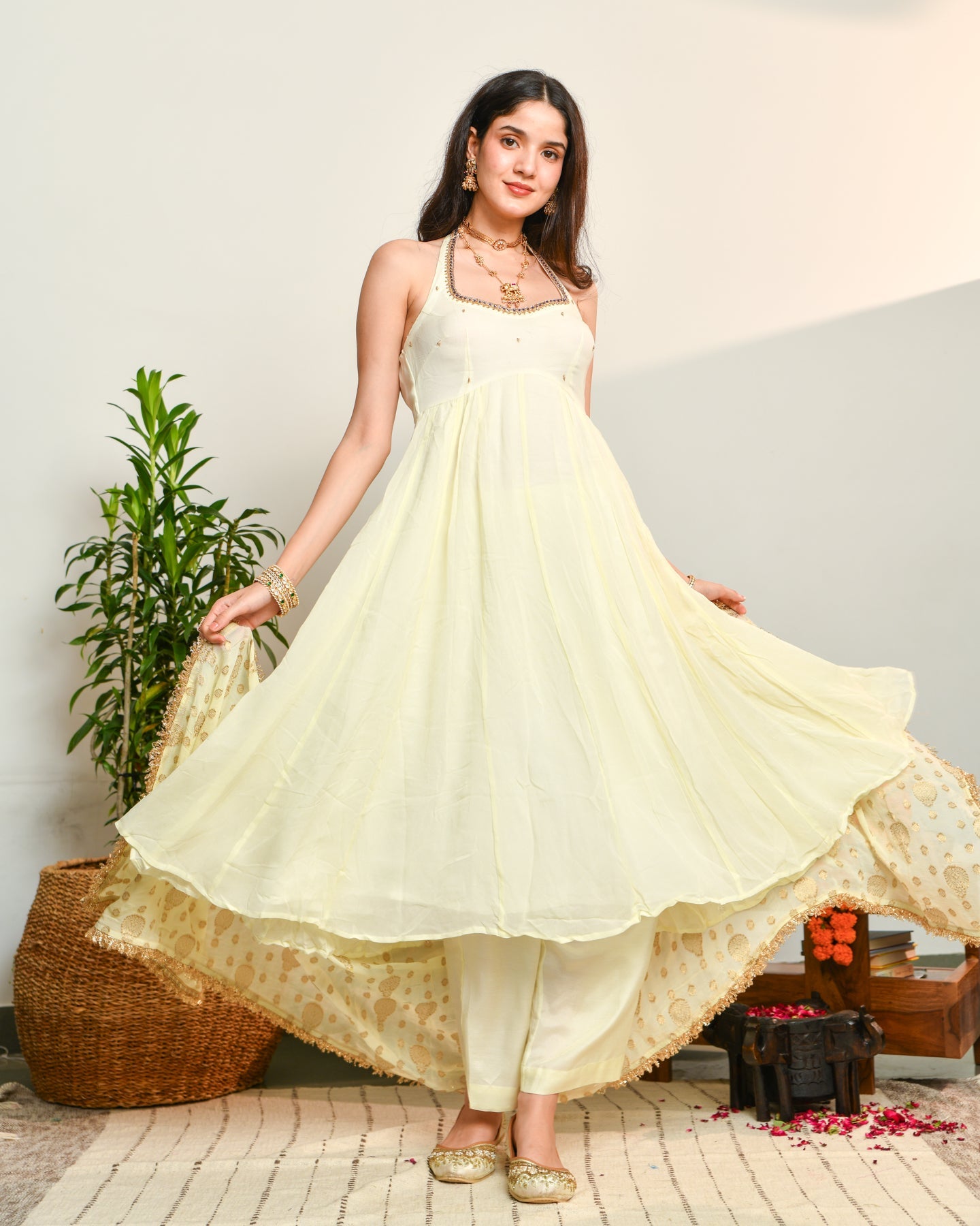 Off White Viscose Anarkali Suit Set