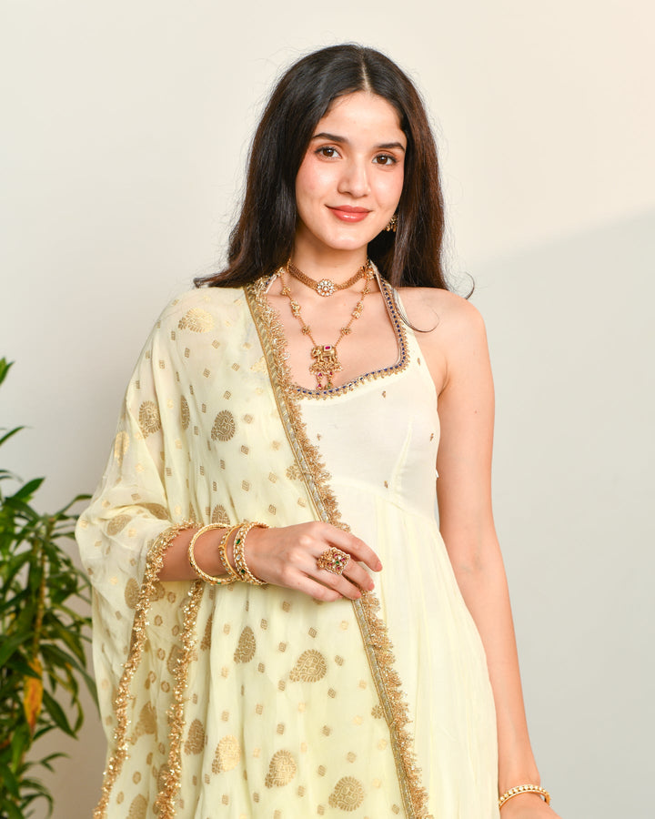 Off White Viscose Anarkali Suit Set