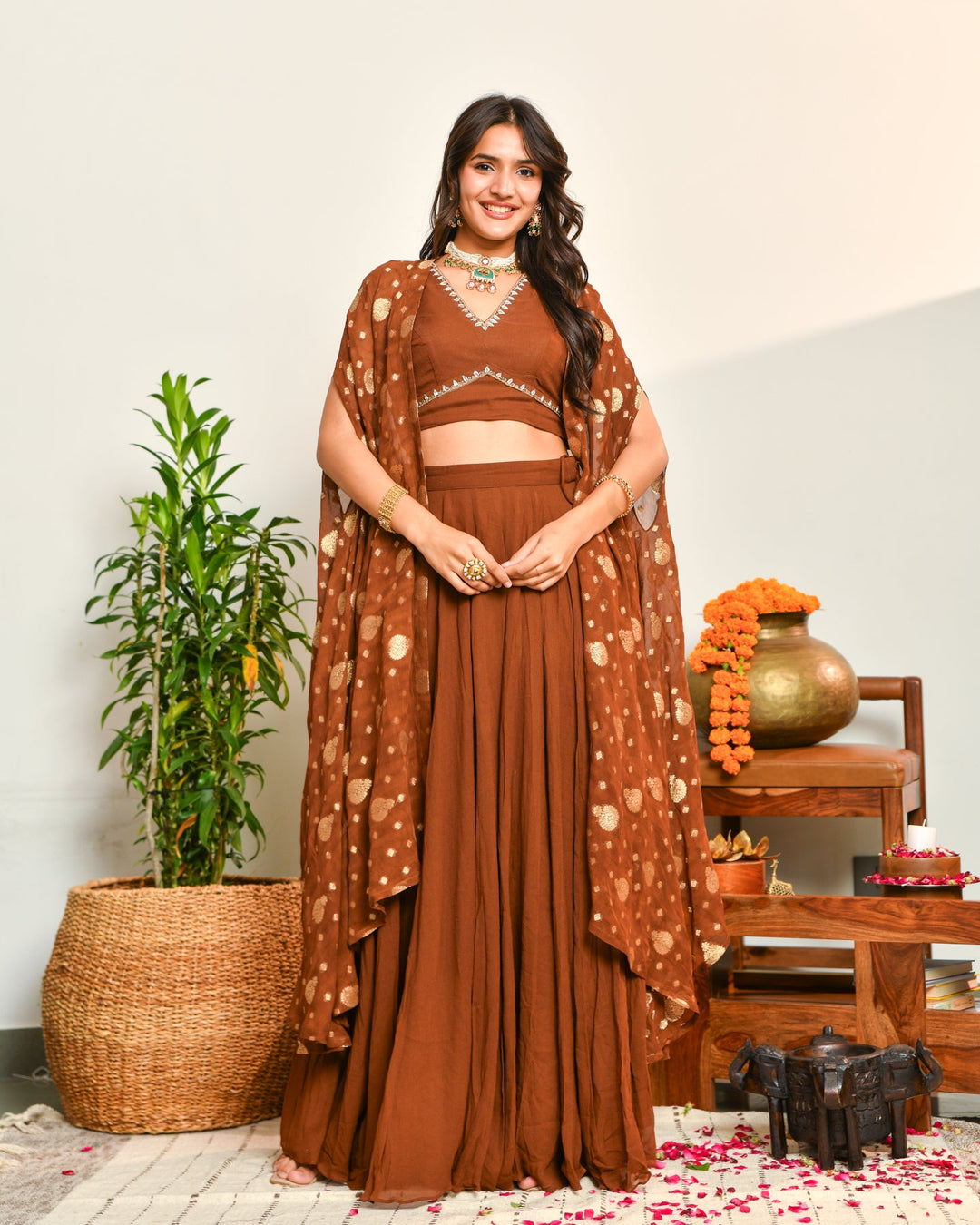 Brown Viscose Anarkali Lehenga Set 