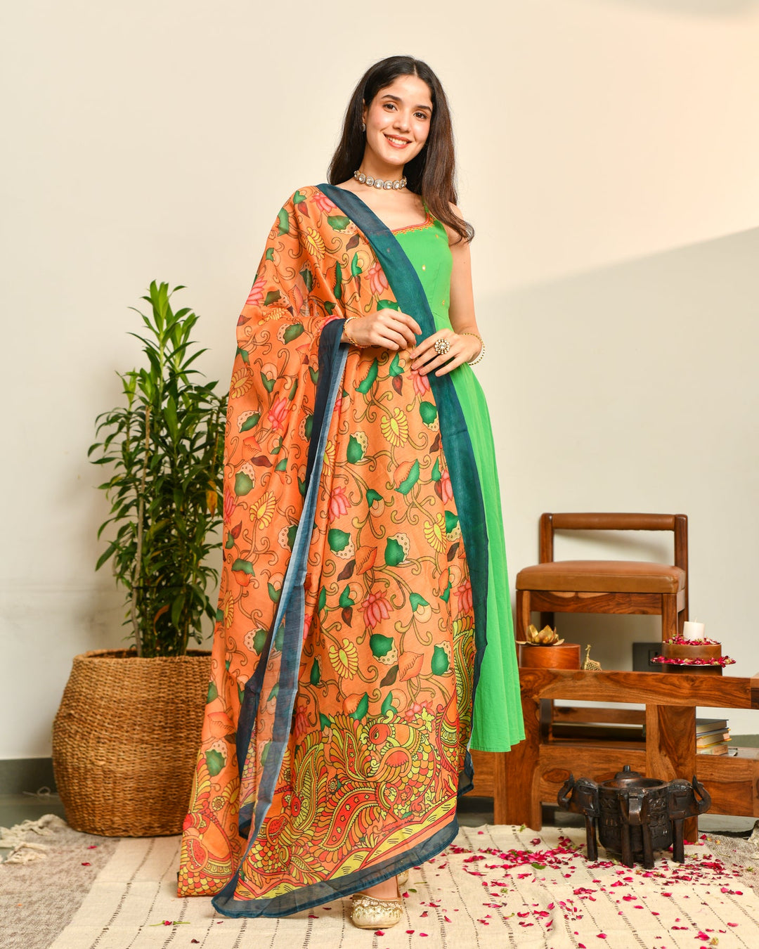 Green Cotton Anarkali Suit Set
