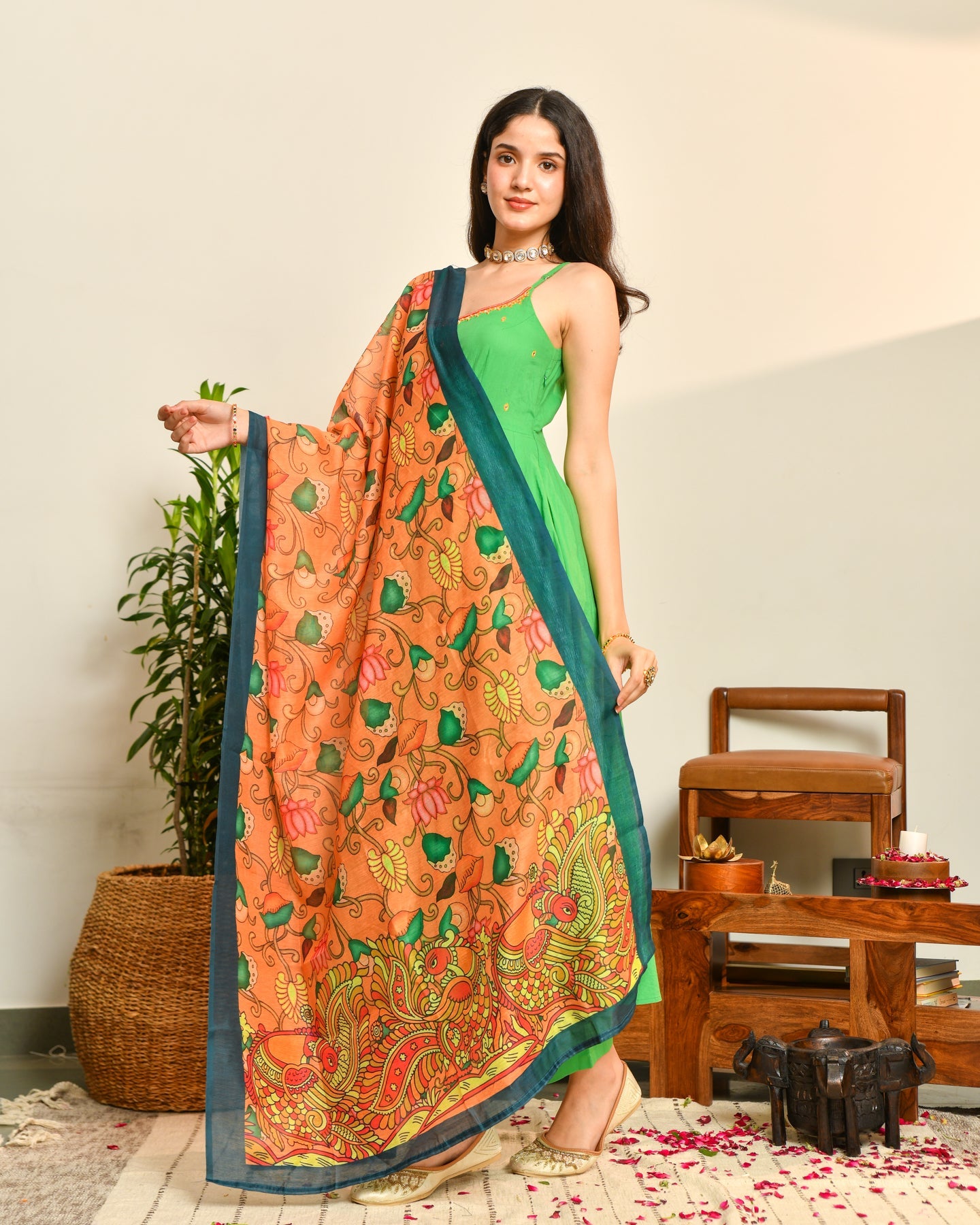 Green Cotton Anarkali Suit Set