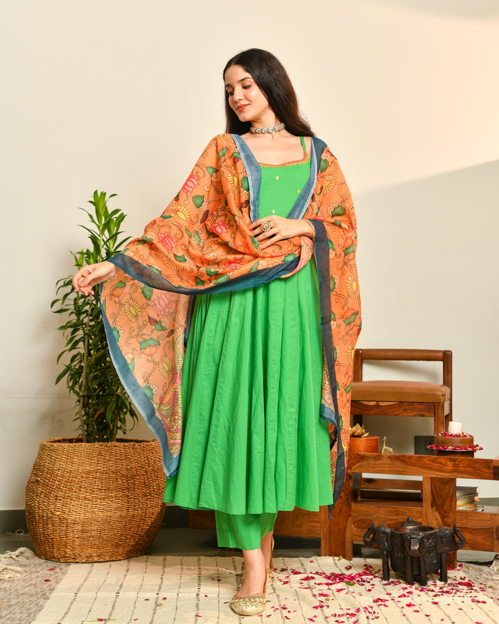 Green Cotton Anarkali Suit Set