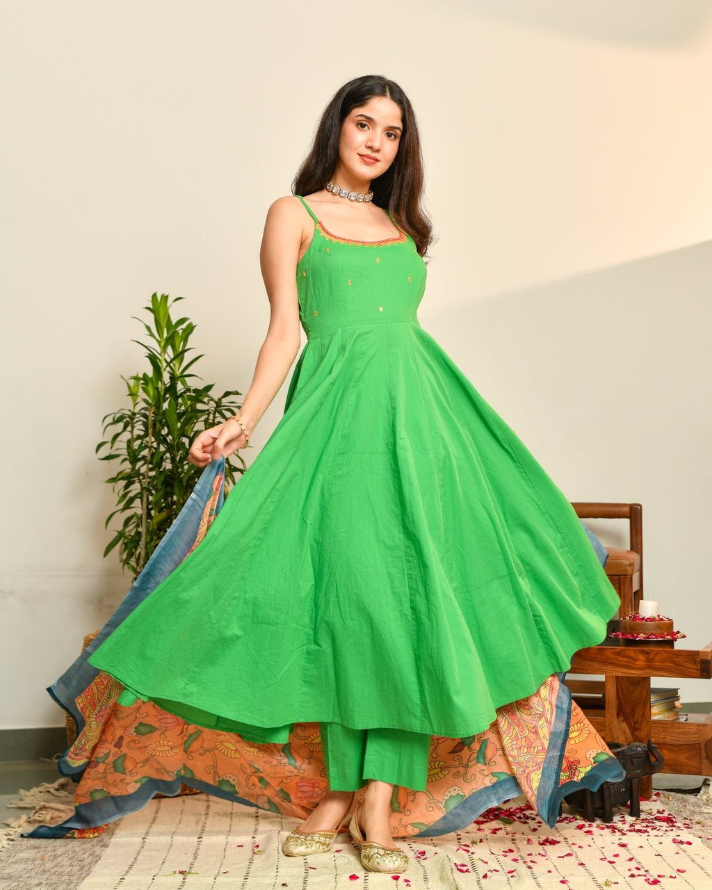 Green Cotton Anarkali Suit Set