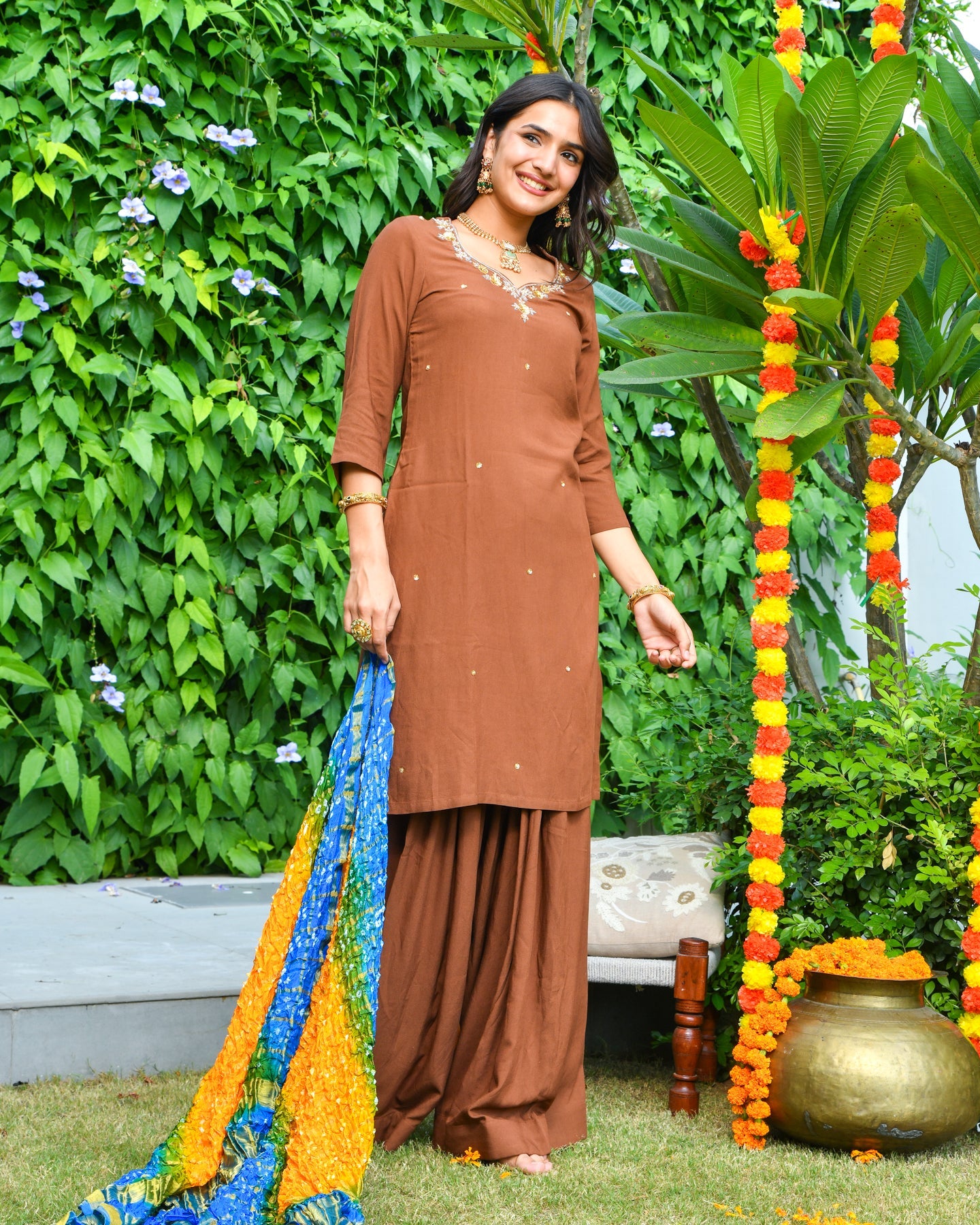 Rich Brown Rayon Straight Suit Set