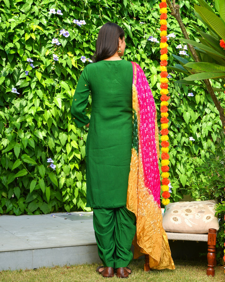 Green Embroidered Straight Suit Set
