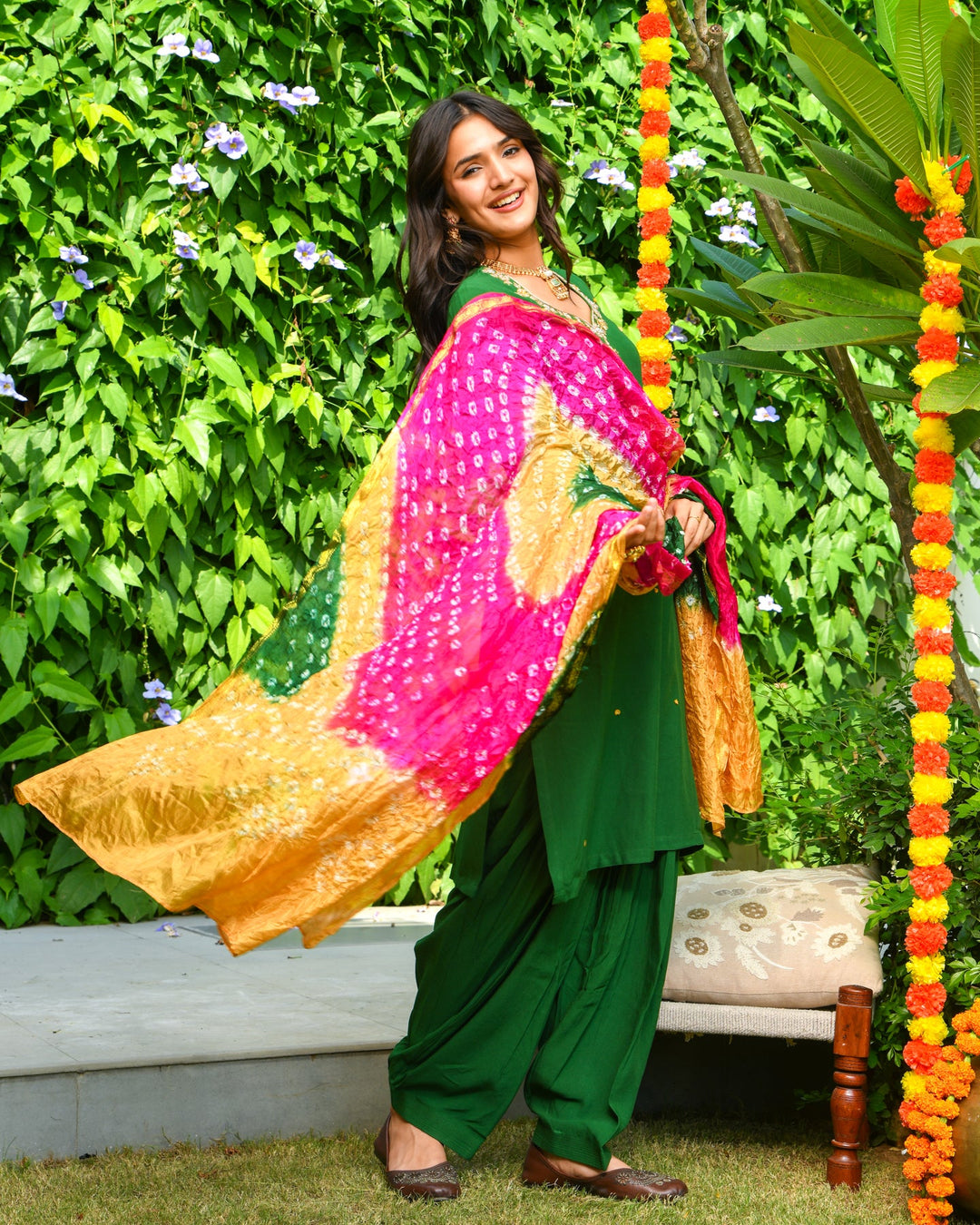 Green Embroidered Straight Suit Set
