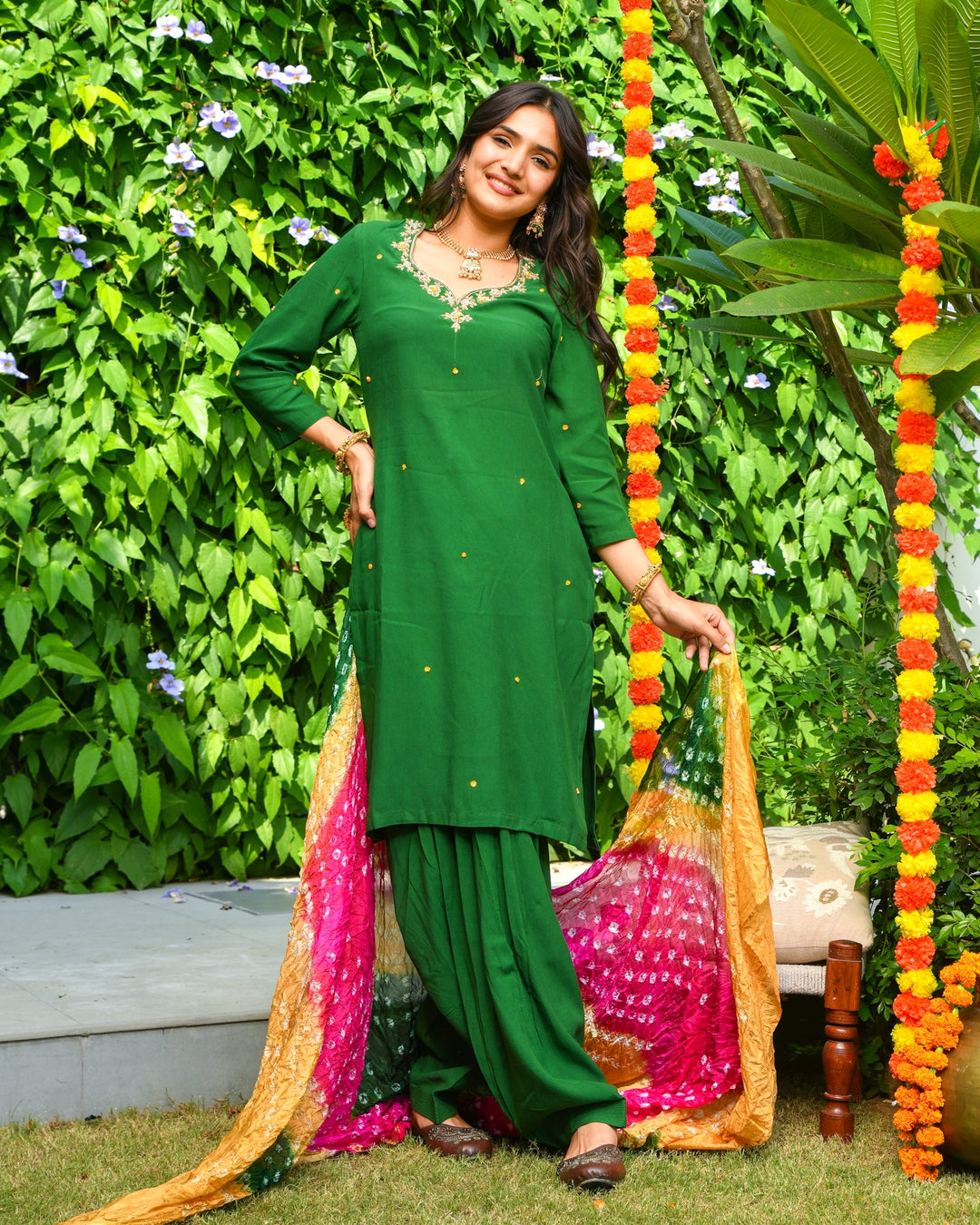 Green Embroidered Straight Suit Set
