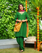 Green Embroidered Straight Suit Set