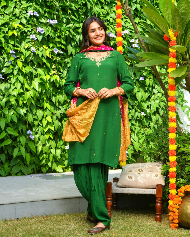 Green Embroidered Straight Suit Set