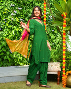 Green Embroidered Straight Suit Set