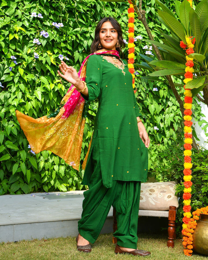 Green Embroidered Straight Suit Set