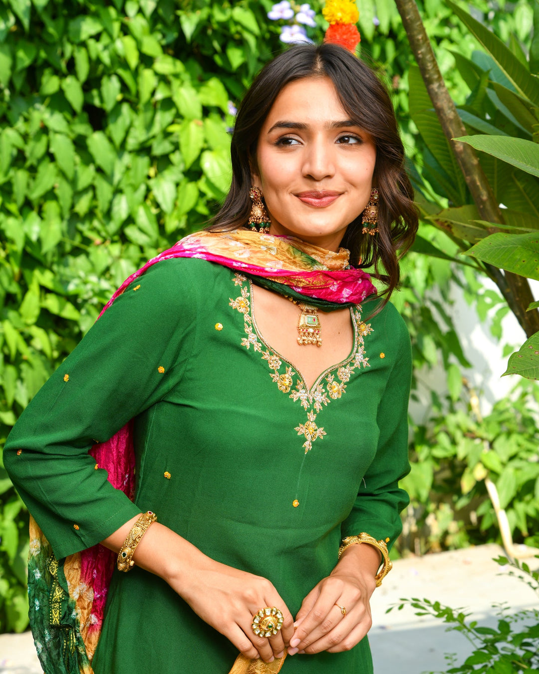 Green Embroidered Straight Suit Set