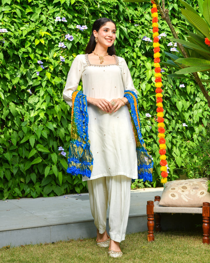 Off White Embroidered Rayon Suit Set
