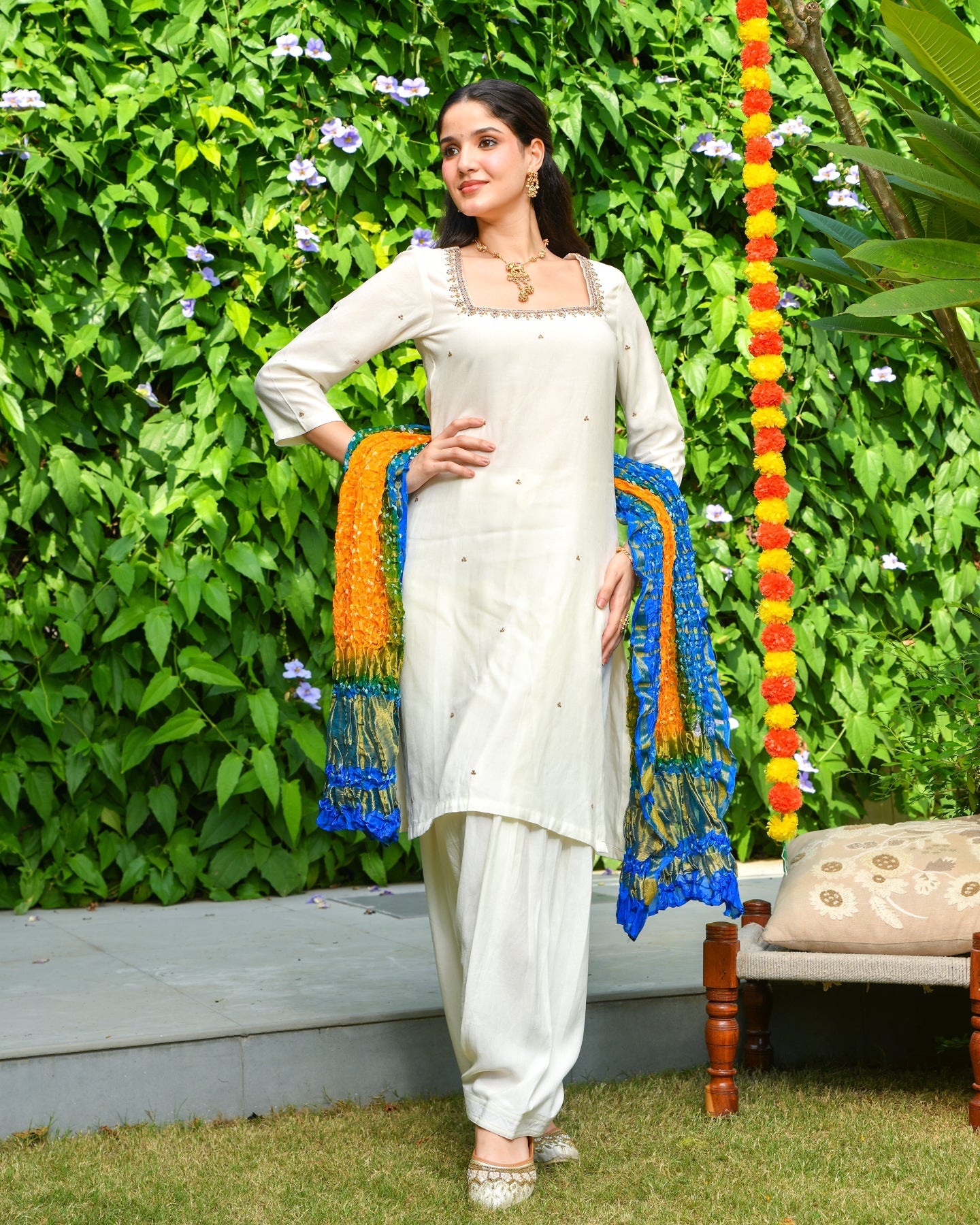 Off White Embroidered Rayon Suit Set