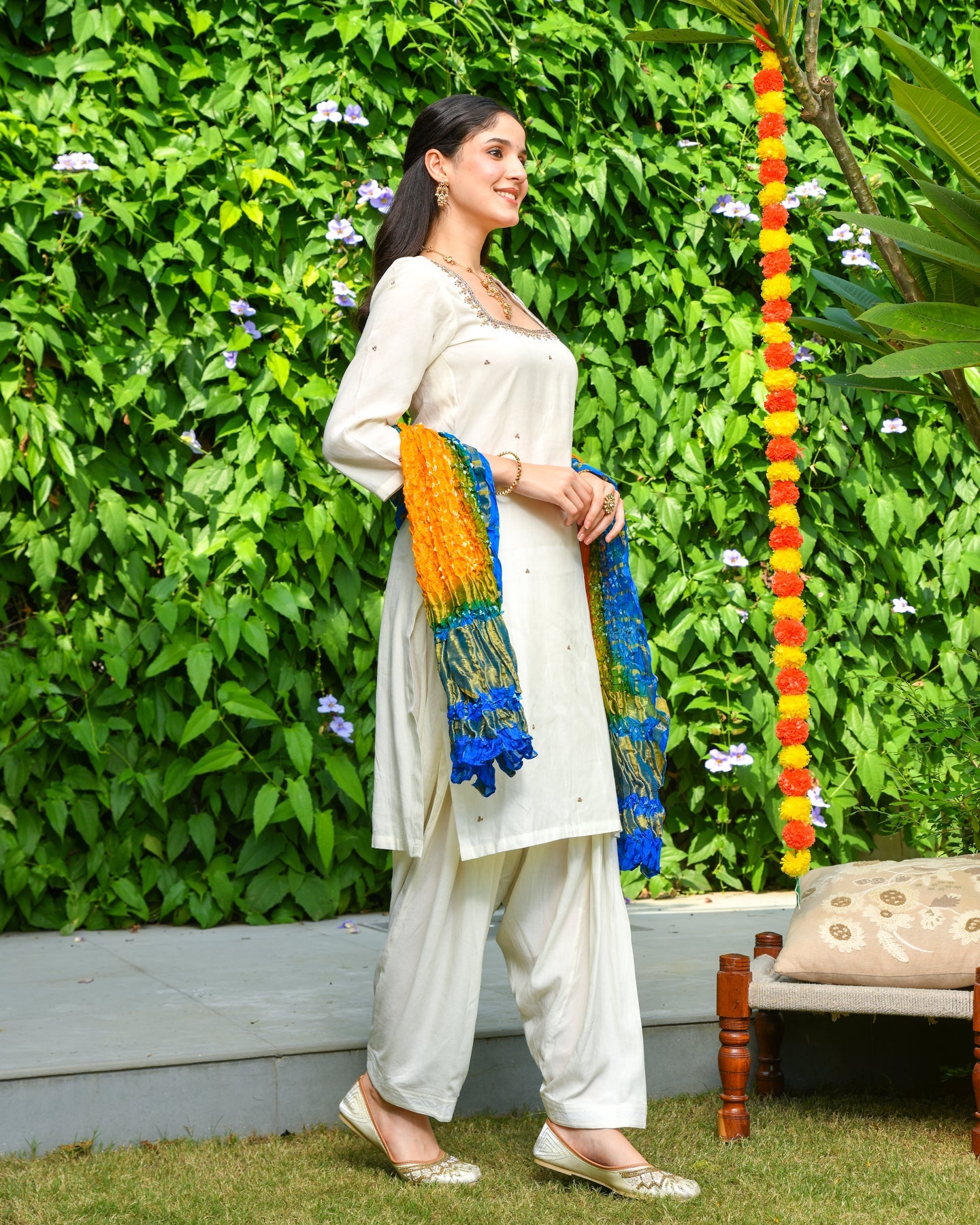 Off White Embroidered Rayon Suit Set