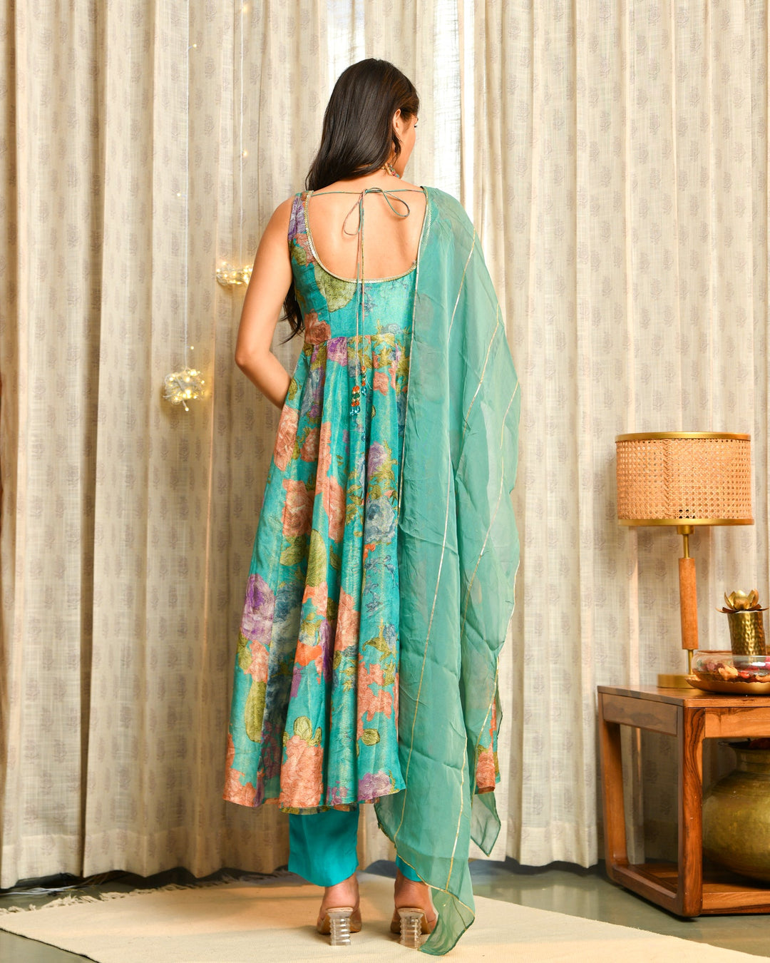 Vibrant Teal Floral Tissue Suit Set