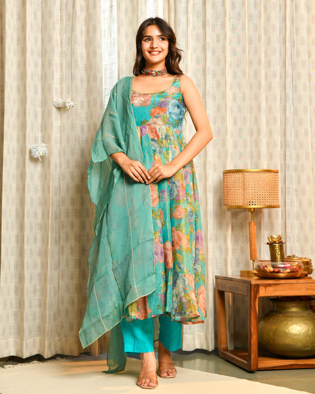 Vibrant Teal Floral Tissue Suit Set