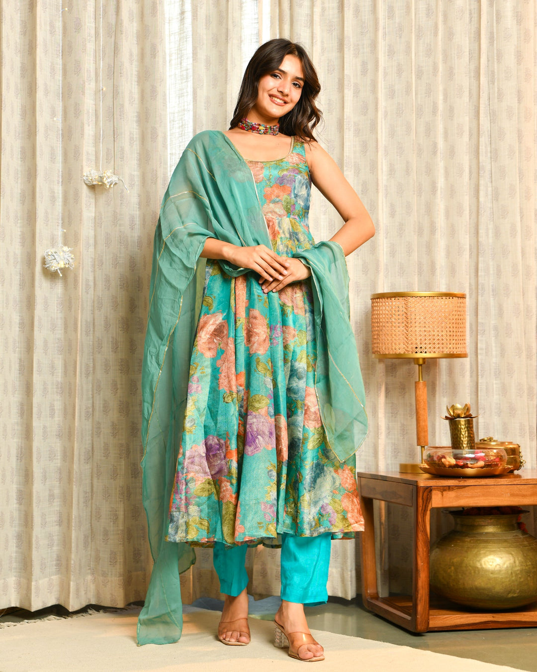 Vibrant Teal Floral Tissue Suit Set